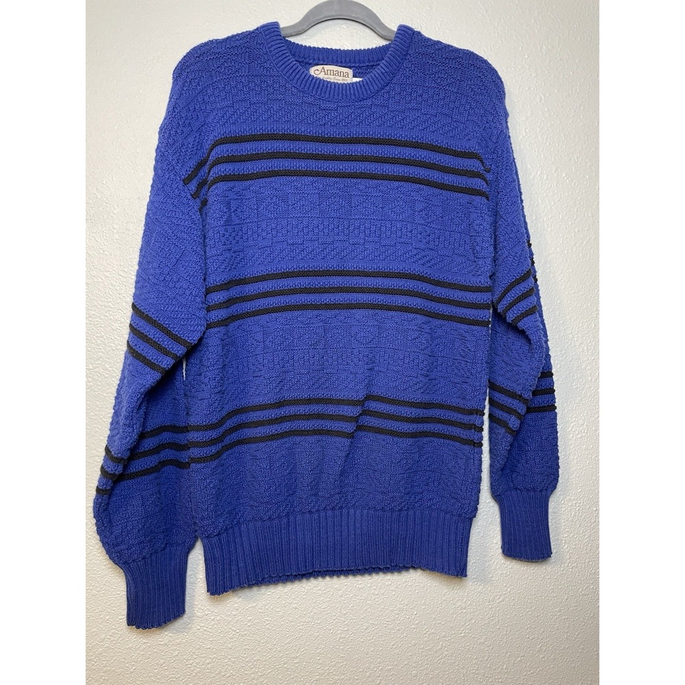 Vintage 80s Amana Woolen Mills Saleroom Blue Striped Wool Sweater‎ Medium